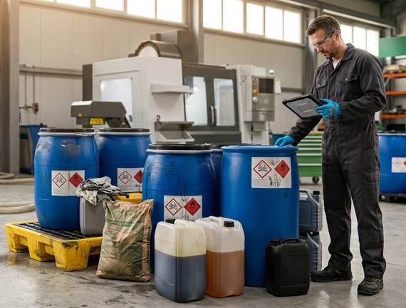 Gestión de taladrinas y aceites industriales | ECOVALL Operario revisando bidones de taladrinas usadas y aceites industriales en un taller de mecanizado