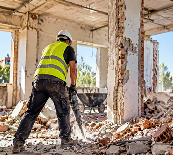 Derribos y demoliciones en Barcelona | ECOVALL Operario realizando trabajos de derribos y demoliciones en Barcelona con retirada de escombros.