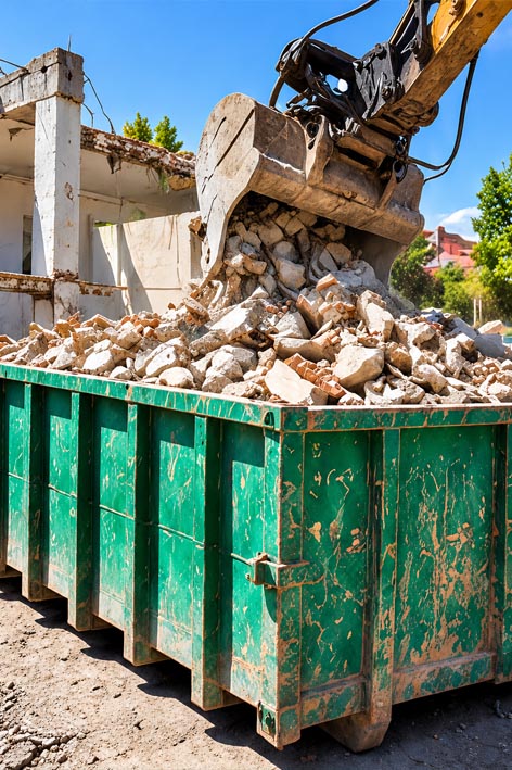 Retirada de escombros de derribos y demoliciones | ECOVALL Excavadora cargando escombros en un contenedor durante trabajos de derribos y demoliciones en Barcelona.