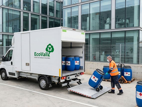 Gestión de disolventes y productos químicos | ECOVALL Recogida de disolventes y productos químicos industriales con vehículo autorizado de ECOVALL.