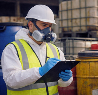 Identificación y clasificación de disolventes y productos químicos | ECOVALL Técnico de seguridad identificando y clasificando disolventes y residuos químicos industriales para su correcta gestión.
